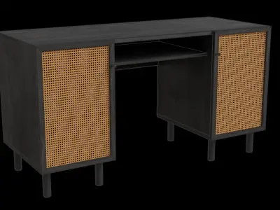 Rattan And Black Wood Wide Desk Low-poly 3D model