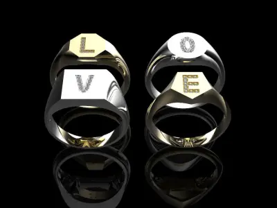 Assorted Signet Ring-L-O-V-E Diamond Initial Prong Ring 3D print model