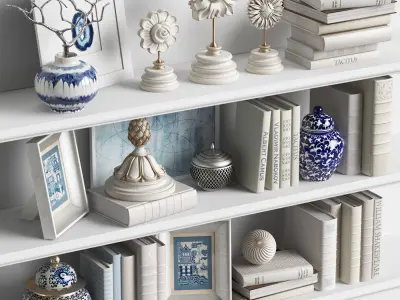 Decor Set 6 bookshelves with vases 3D model