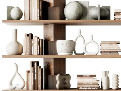 Wooden Shelves Decorative With Plants and Book - Wooden Rack 28 3D model