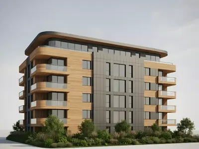 Modern Residential Building with Wood and Dark Panel Facade Low-poly 3D model