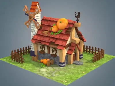house with pumpkins and windmill 3D model