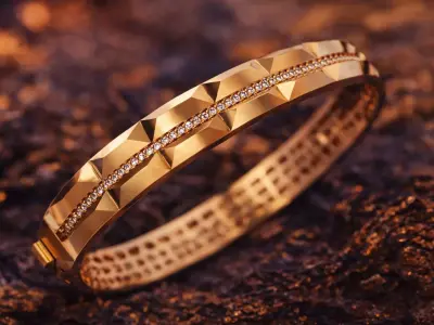 Faceted Modern Gold Bangle with Continuous Stone Line 3D print model