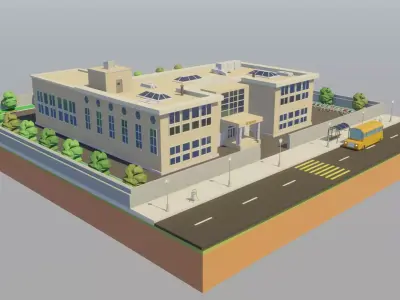 Low poly School building with soccer field Low-poly 3D model