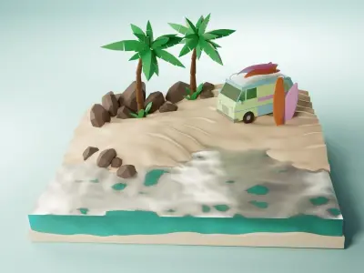 Sunny tropical beach with van and surf Low-poly 3D model