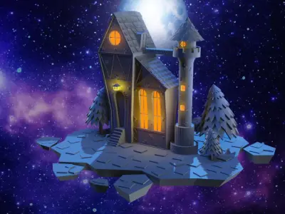 Tower castle on island in night sky 3D model