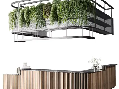 Coffee shop reception Restaurant counter by hanging plant  Low-poly 3D model