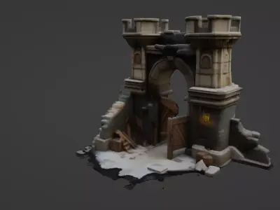Ruined Medieval Gatehouse with Wooden Gate 3D model