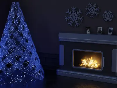Modern Christmas Tree - Decoration - Fireplace Low-poly 3D model