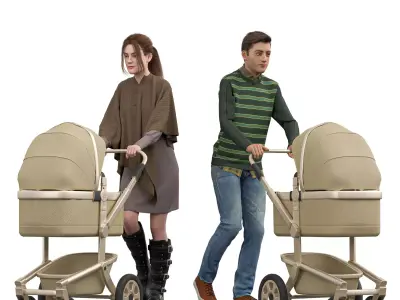 Parents Baby Stroller Low-poly 3D model