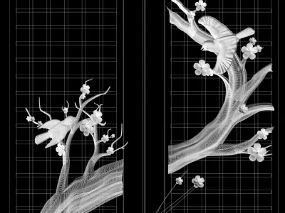 stl model of a door  cherry blossoms and birds for CNC router 3D print model