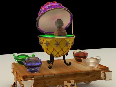 Chinese gold Ingot with Russia Faberge egg  and monk kid  3D model