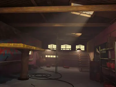 Garage room in warehouse with graffiti on walls 3D model