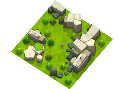 Cartoon Level Ground Tree Stone Cliff Low-poly 3D model