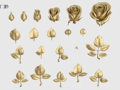 Rose Buds And Leaves Set 3D print model