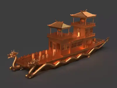 Chinese golden dragon  house boat   Low-poly 3D model