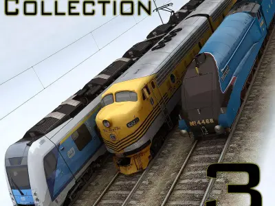 Trains Collection 3 train on tracks Low-poly 3D model