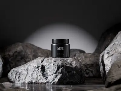Black Cosmetic Jar on Rock Podium Low-poly 3D model