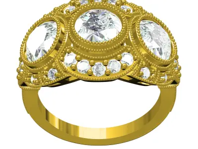 Three Stone Diamond Halo Art Deco Ring 3D print model