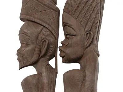 Wooden Tribal Couple Statue Set - African-Inspired Art 3D Model 3D model