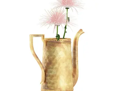 Pink Flowes in Golden Teapot 3D model
