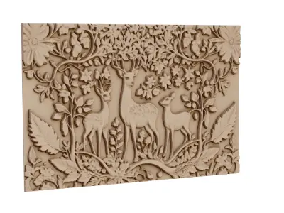 decor set wall panel deer relief mural CNC 57 3D model