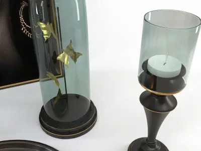 decorative set 6 gold candle holders with portrait of woman 3D model