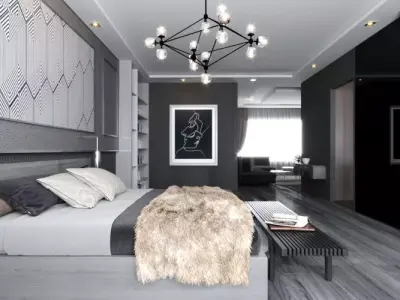 Modern Grey simple luxurious bedroom livingroom bathroom scene 3D model