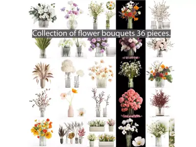 Collection of flower bouquets and vase set of 36 pieces 3D model