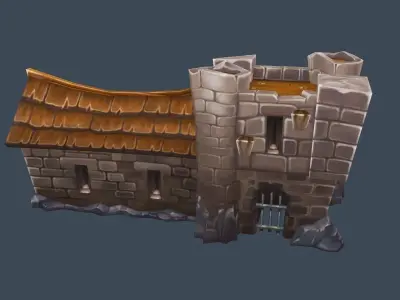 Cartoon Old Stone Fortress Wall Barack Building Low-poly 3D model