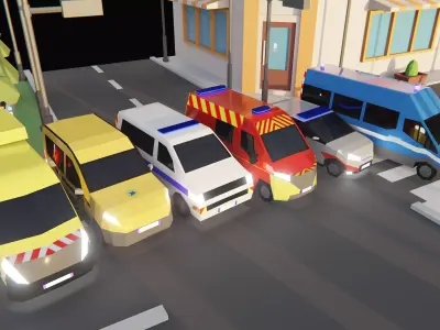 LowPoly French Service Vehicles Vinci SMUR Police Pompier Poste  Low-poly 3D model