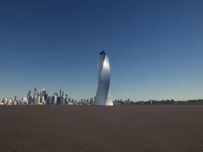 tower futuristic in middle of city Low-poly 3D model