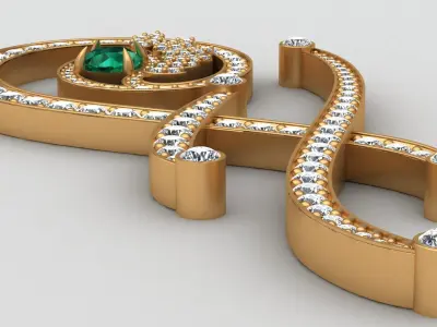 Tabayer F Letter Diamond Emerald Gold Pendant 3D print model