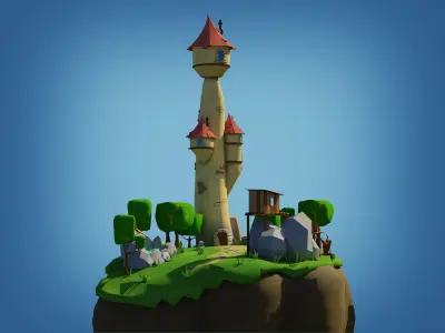 Low-poly Fantasy Castle on a Floating Island  Low-poly 3D model