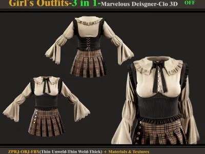 3 in 1 Girls Outfits- MD-Clo3d -OBJ - FBX -Materials-Textures 3D model