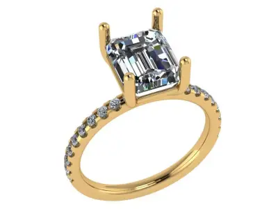 Emerald shape solitaire ring with diamonds on shank 3D print model