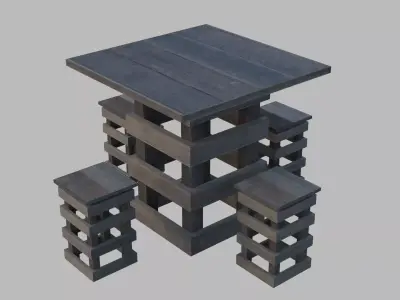 Table and chairs - Recycled wood Low-poly 3D model