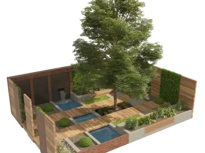 Exterior Garden yard with plants and small pool Low-poly 3D model