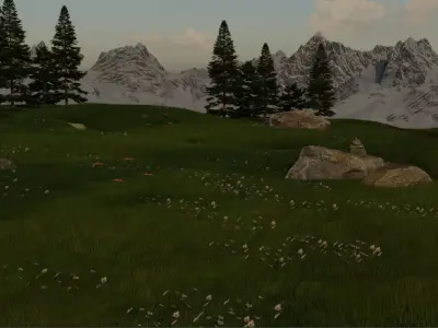 Countryside grassy meadow with trees and rocks Free 3D model