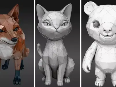 Cat Fox And Bear Three Model Animal Model 3D Print Ready Low-poly 3D model