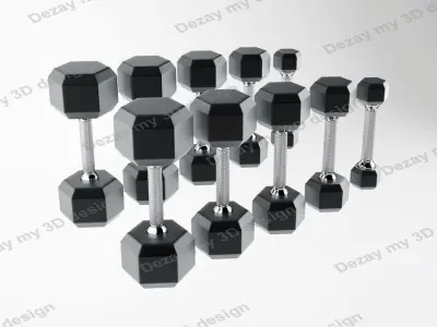 Set of dumbbells for sport on a special black metal stand 3D model
