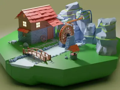 Watermill House Low Poly -  Wood Farm mill  Low-poly 3D model