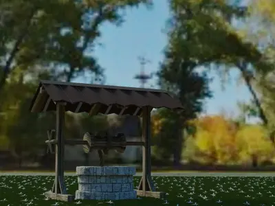 Stone Well with rope and mechanism 3D model