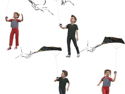 Children Flying Kite Low-poly 3D model