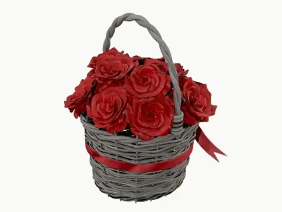 bouquet of red roses in wicker basket 3D model