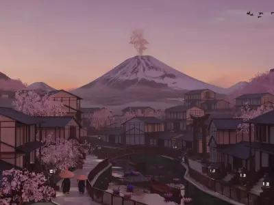 FREE Rustic Japan Village Landscape with Mount Fuji Free 3D model