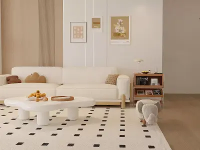 Cozy Cream Living Room With Striped Lounge Chair 3D model