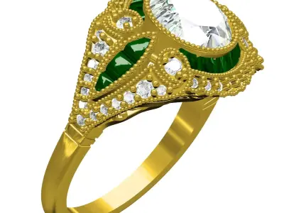Unique Large Round Diamond Bezel Set Art Deco Ring 3D print model
