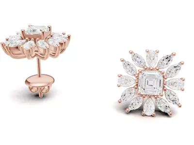 Asscher and Marquise Diamond Flower Stud Earrings 3D print model
