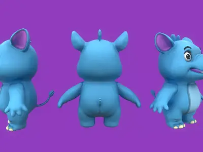 Rigged Blue Cute Playful Rhino  Low-poly 3D model